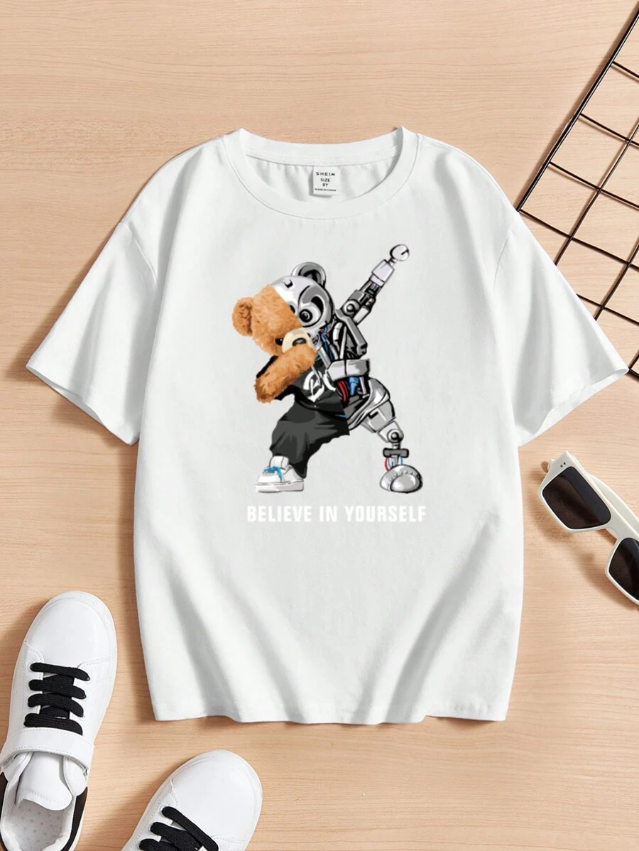 Tween Boy Slogan & Cartoon Graphic Tee - White - View 1