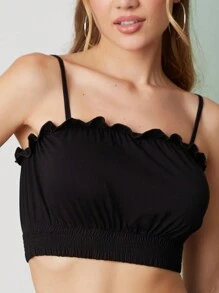 SHEIN TOP FRANZIDO ALÇAS FINAS COM BARRA ESLASTICO PRETO FEMININO - Black - View 6