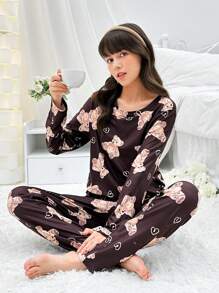 Teen Girls' Cute Bear Patterned Pajama Set For Autumn - Black - View 1