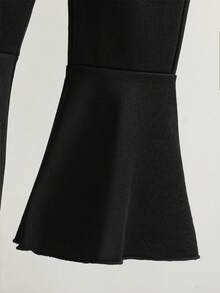 2 件套年轻女孩荷叶边花卉和字母印花长袖上衣和喇叭裤套装，秋冬 - 黑色 - 查看 4