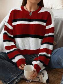 Flirla Ngắn Sọc Áo len Áo chui đầu - Đỏ - Xem 5