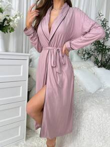 Contrast Trim Belted Kimono Robe With Shawl Collar - Dusty Pink - View 3