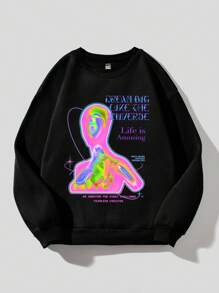 SHEIN EZwear Áo nỉ in hình nhiệt giải trí cổ tròn tay dài cỡ lớn dành cho nữ, áo dài tay, unisex - màu đen - Xem 6