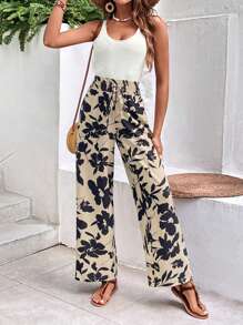 SHEIN VCAY 女士高腰寬鬆全印花褲子 - 黑色 - 查看 4