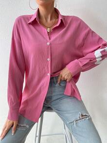 SHEIN Essnce Letter Print Drop Shoulder Long Sleeve Shirt - Pink - View 6