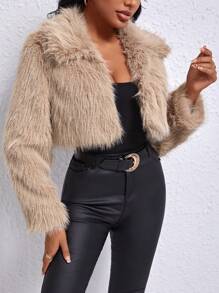 SHEIN PETITE Của phụ nữ Ngắn Cắt Mở Mặt trước Áo khoác - Màu Khaki - Xem 4