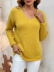 SHEIN LUNE Của phụ nữ Màu thuần Thả vai Áo len - Màu vàng - Xem 3