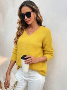 SHEIN LUNE Của phụ nữ Màu thuần Thả vai Áo len - Màu vàng - Xem 4