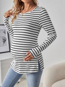 SHEIN Maternity Striped Side Slit T-shirt - White - View 3