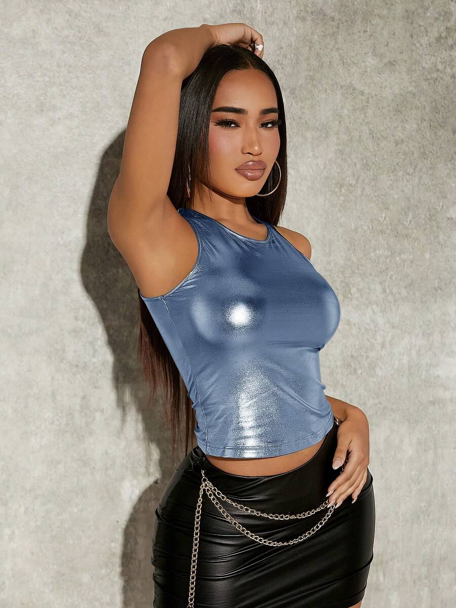 SHEIN SXY Áo ba lỗ bằng da co giãn đơn giản màu trơn cho mùa hè - Màu xanh nhạt - Xem 1