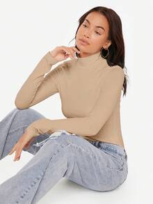 SHEIN BASICS High Neck Solid Tee - Beige - View 5