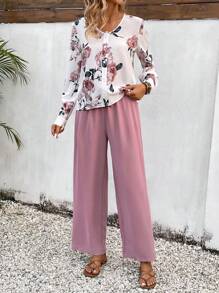 SHEIN VCAY Conjunto De Dos Piezas De Camisa Con Estampado Floral Y Pantalón Con Cinturón Para Mujer - Multicolor - Ver 4