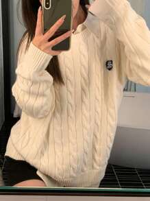 Women's Casual Simple Letter Patch Cable Knit Pullover Sweater - Beige - View 1
