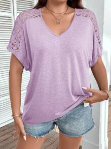 SHEIN LUNE Plus Size Hollow Out Design T-shirt - Mauve Purple - View 5