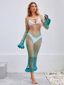 Swim Chiccia 女士漸變色網紗魚網罩衣連荷葉邊袖深v連衣裙