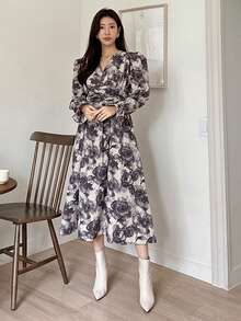 DAZY 女士花卉印花燈籠袖連衣裙 - 灰色 - 查看 9