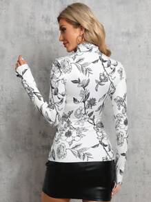 SHEIN Tall 花卉印花高領t恤 - 白色 - 查看 2