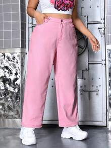 SHEIN EZwear Plus Size Solid Color Denim Pants - Baby Pink - View 4