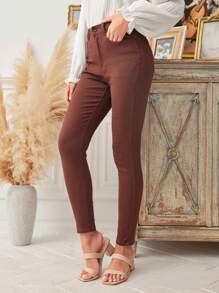 SHEIN LUNE Women's Solid Color Denim Jeans - Coffee Brown - View 5