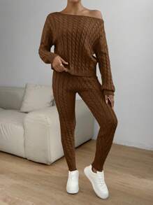 SHEIN Essnce Women'S Oblique Shoulder Cable Knit Sweater 2-Piece Set - Coffee Brown - View 4