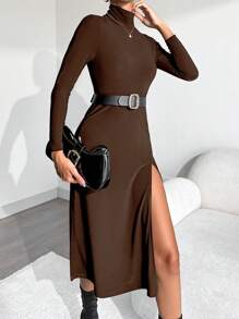 SHEIN PETITE Solid Color High Slit Dress - Chocolate Brown - View 3