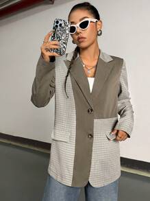 SHEIN Unity 尖翻領單排扣格紋西裝外套 - 棕色 - 查看 5