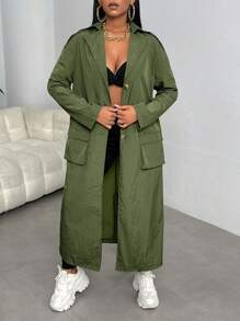 Slaydiva Coat With Flap Pockets, Lapel Collar, Button Front - Green - View 4