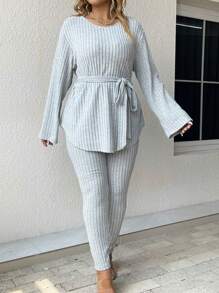 SHEIN LUNE Plus Size Cropped Top And Flared Pants Set With Ribbed Design - Light Grey - View 4