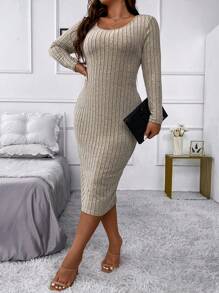 SHEIN Unity 女性修身大尺碼長袍,採用厚實面料,適合秋冬穿著 - 卡其色 - 查看 5