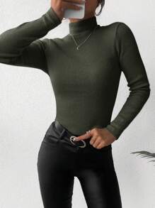 EURMUSE Women's Solid Color Turtleneck Sweater - Army Green - View 3