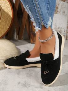 Zapatos Para Mujer, Casuales, Elegantes, Cómodos, De Punta Redonda, Color Negro, Planos, Sin Cordones, Con Forro Interior Cálido - Blanco y Negro - Ver 4