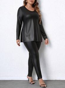 Celure Plus PU Leather Tee & Leggings - Black - View 4