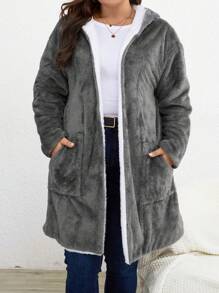 SHEIN LUNE Women's Comfortable Reversible Plus Size Coat - Grey - View 3