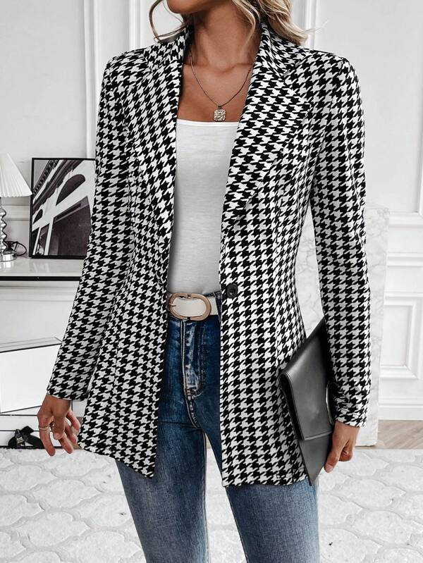 SHEIN Clasi Women's Houndstooth Check Waist Slimming Blazer Jacket
