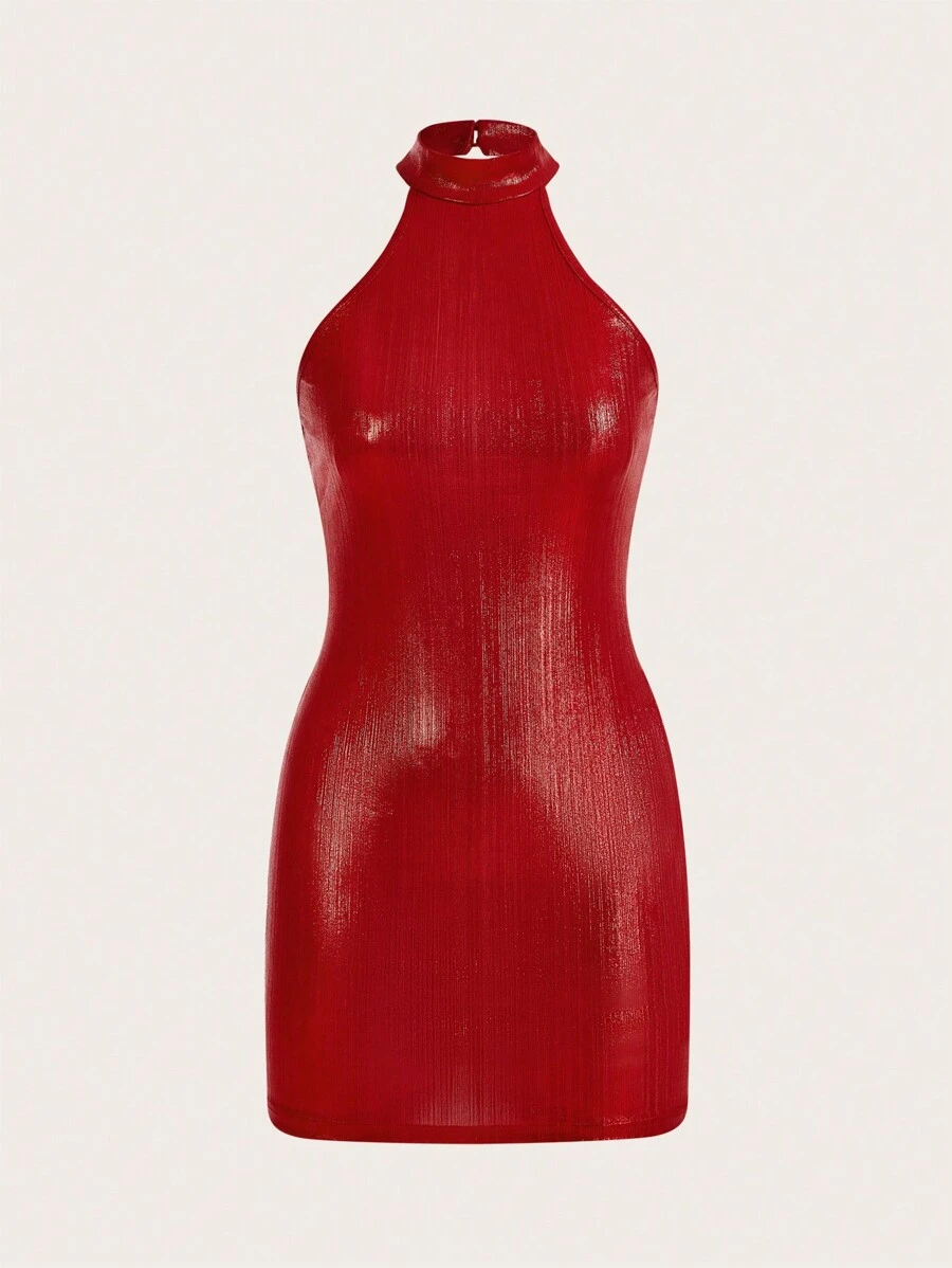 SHEIN ICON Bodycon Halterneck Dress - Red - View 1