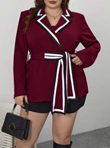 SHEIN Privé Talla grande Blazer unido en contraste con cinturón - Burdeos - Ver 1