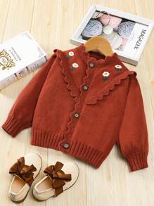 SHEIN Little Girl's Lantern Sleeve Embroidered Knitted Sweater Cardigan - Brown - View 1