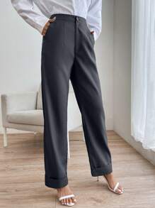 SHEIN Privé Solid-colored Straight Leg Trousers/pants - Dark Grey - View 1