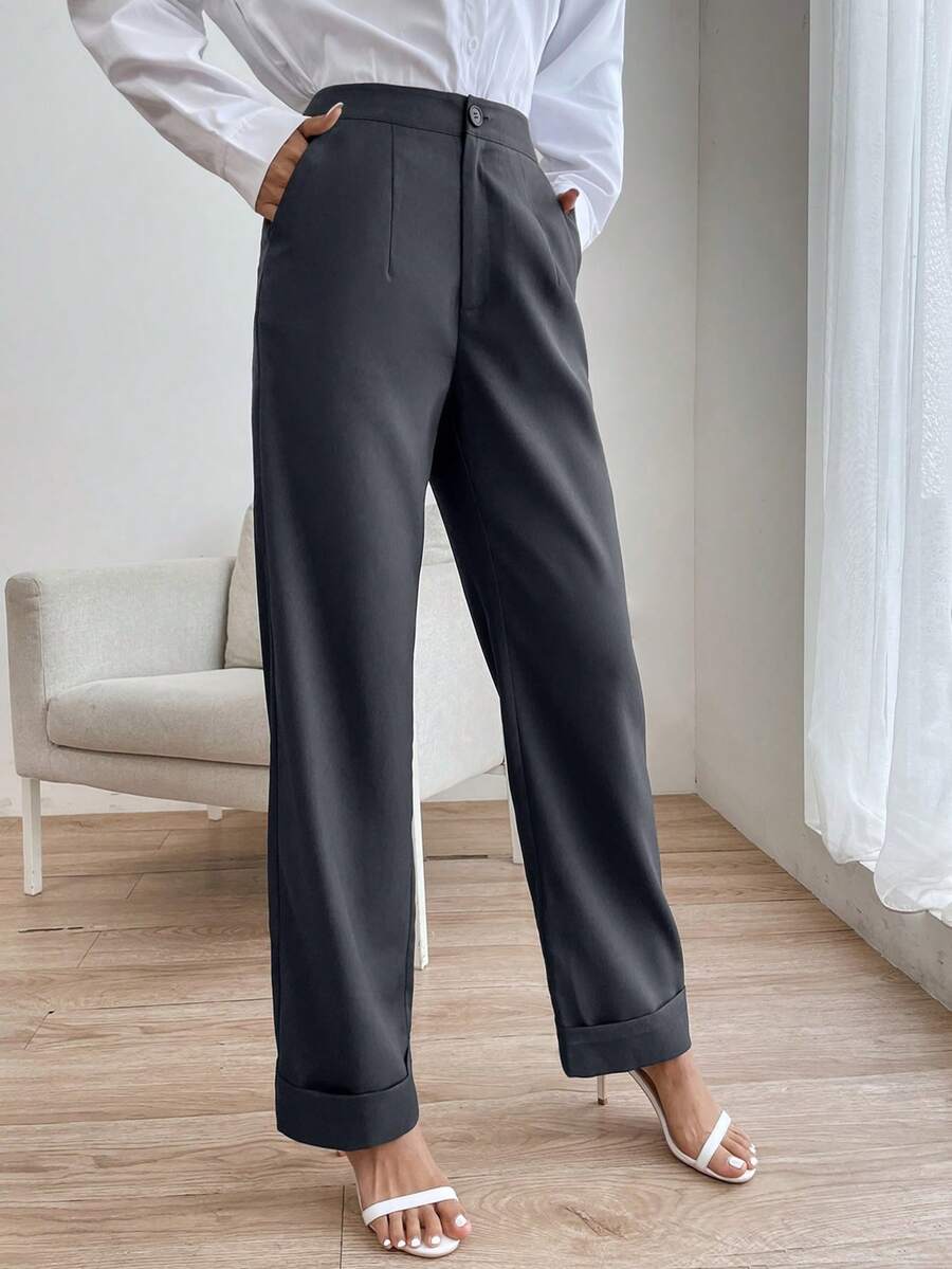 SHEIN Privé Solid-colored Straight Leg Trousers/pants - Dark Grey - View 1
