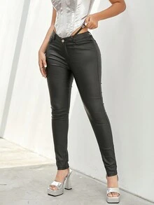 Women's Fashionable Sexy Tight-fitting Pu Leather Pants - Black - View 7