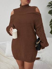 Celure Plus Cold Shoulder Cable Knit Sweater Dress Without Belt - Coffee Brown - View 3