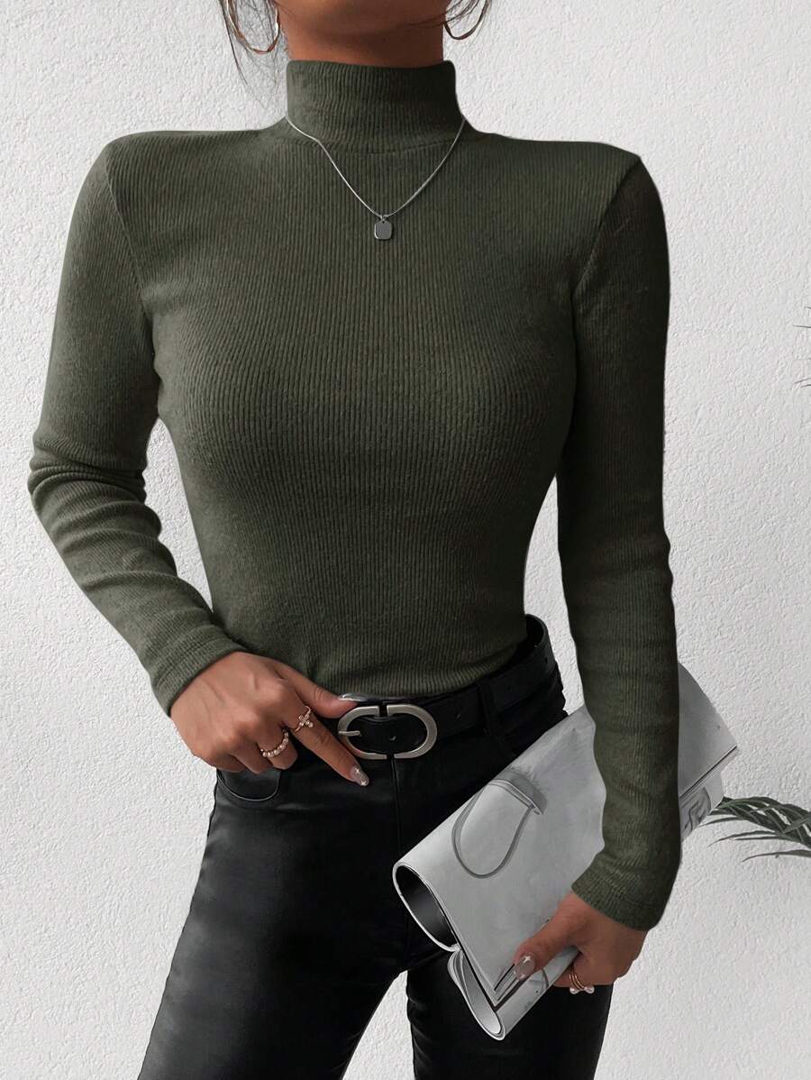 EURMUSE Women's Solid Color Turtleneck Sweater - Army Green - View 1