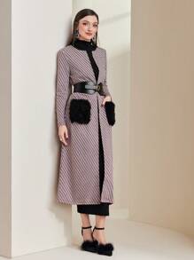 Mulvari Fuzzy Pocket Patched Open Front Coat With Buckle Belt