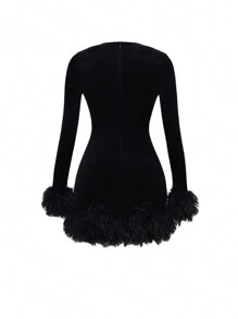 Minivestido Ajustado Con Estampado De Plumas Y Manga Larga Para Mujer - Negro - Ver 8