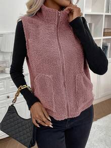 SHEIN LUNE Dây kéo mặt trước Len Lông cừu Áo vest - Hồng - Xem 4