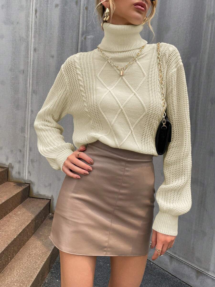 SHEIN Privé 纯色高领落肩针织套头衫秋冬毛衣 - 杏色 - 查看 1