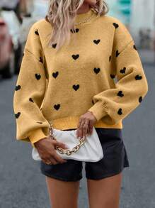SHEIN LUNE Love Hình trái tim Thả vai Áo len - Màu Mù tạt vàng - Xem 4