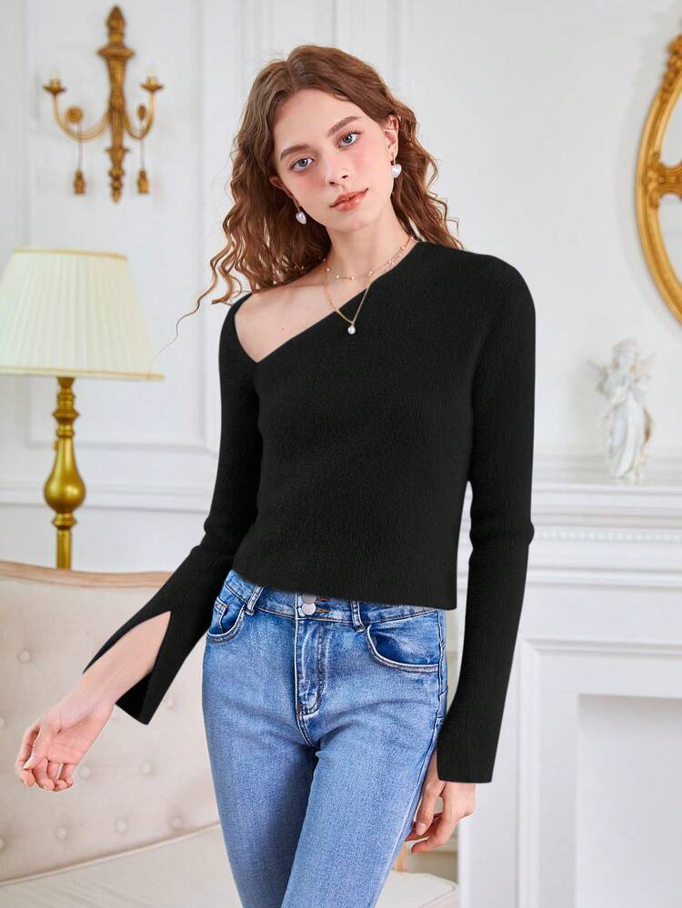 Women's Asymmetrical Collar Solid Color Sweater
