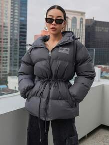 DAZY 标语印花抽绳连帽棉衣，冬季女装，冬季女装外套