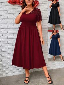 SHEIN Clasi Vestido De Talla Grande De Color Sólido Con Parche De Encaje En V-cuello - Burdeos - Ver 1